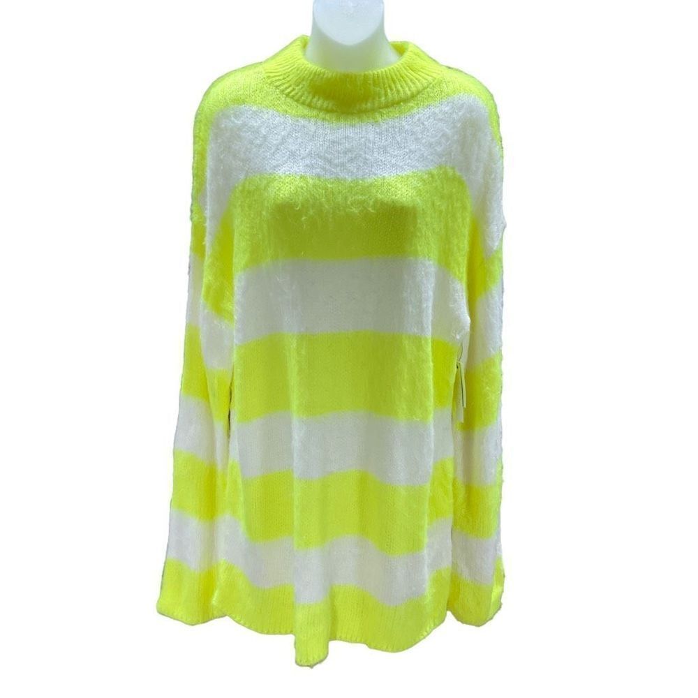 Abound Sweater Tunic Crew Neck Lime Green Cream Fuzzy Long Sleeve Medium